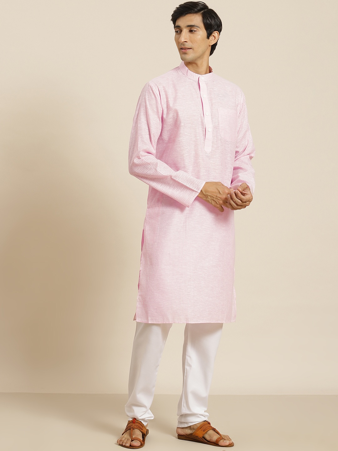 

SOJANYA Men Pink & White Striped Cotton Straight Kurta
