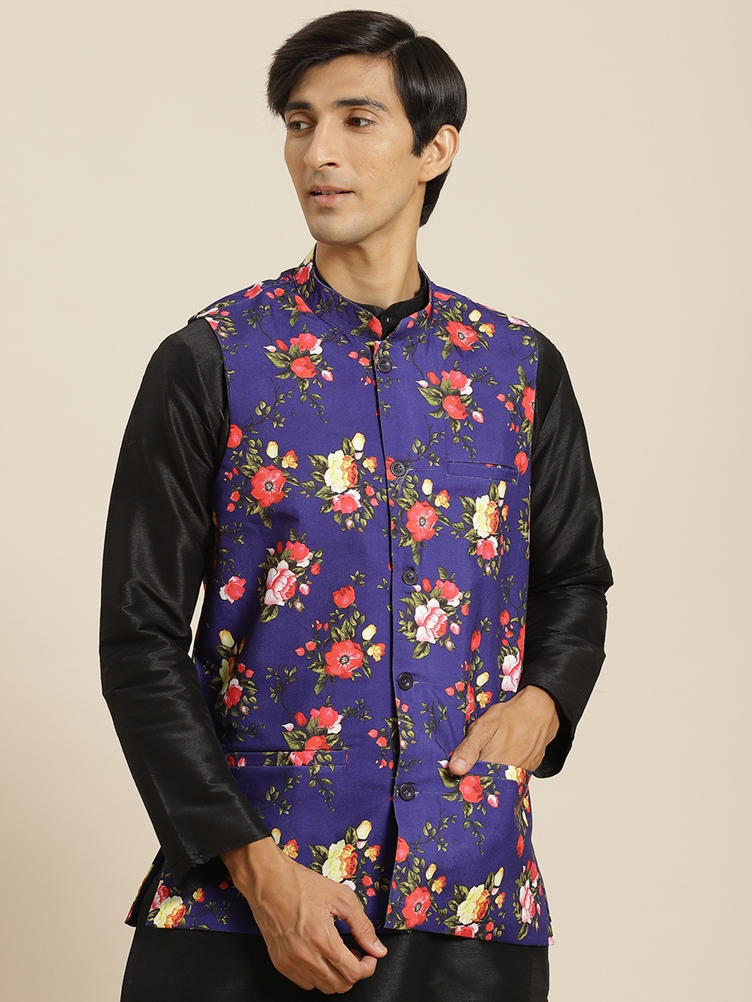 

SOJANYA Men Navy Blue & Red Floral Print Cotton Nehru jacket