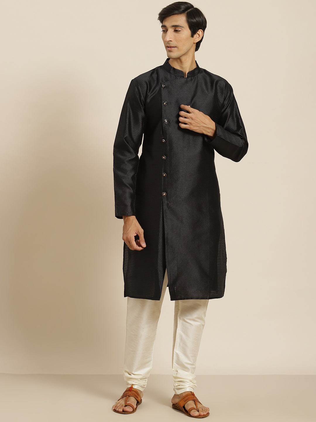 

SOJANYA Men Black Ethnic Motifs Woven Design Angrakha Kurta