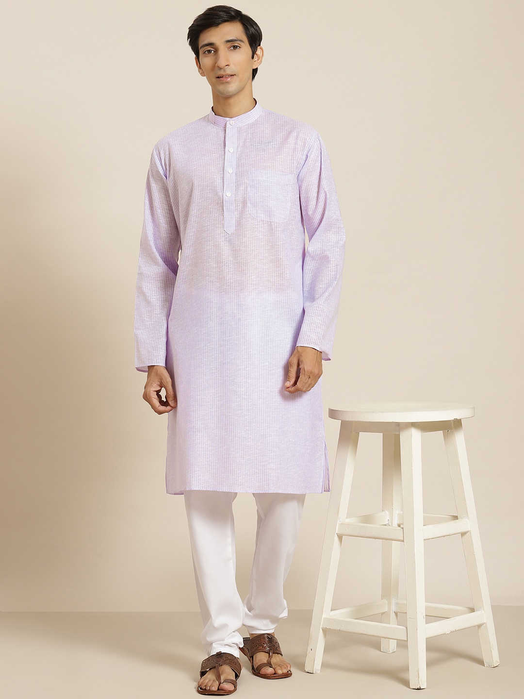 

SOJANYA Men Purple & White Striped Cotton Straight Kurta with Churidar