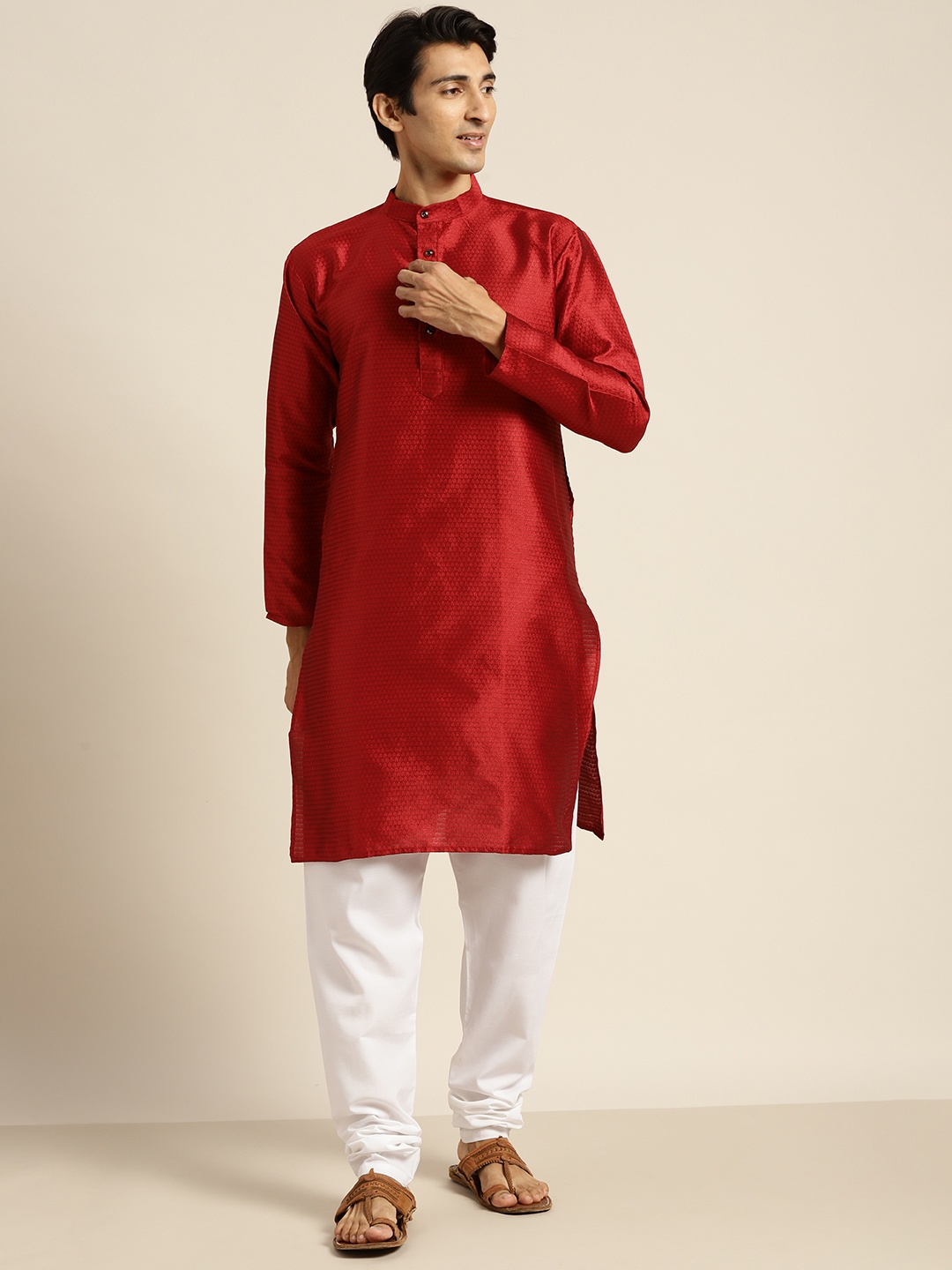

SOJANYA Men Red & White Regular Kurta with Churidar