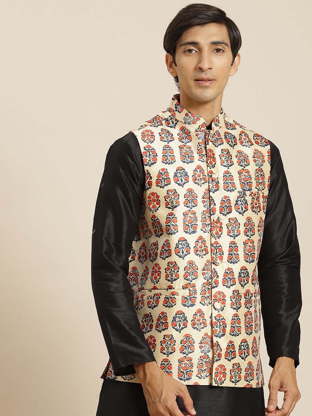 

Sojanya Men Beige & Orange Ethnic Motifs Print Nehru Jacket