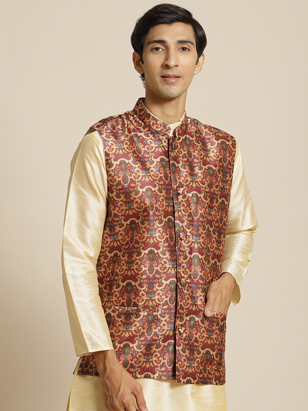 

Sojanya Men Red & Beige Ethnic Motifs Print Nehru Jacket