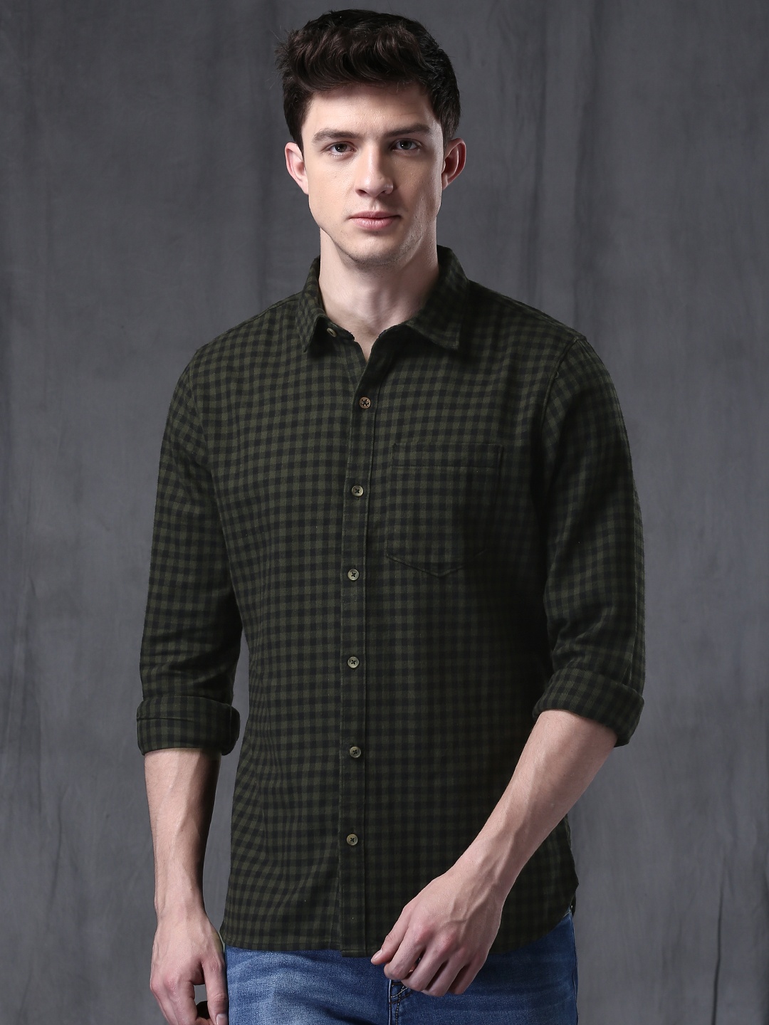 

WROGN Men Black & Olive Green Checked Casual Shirt