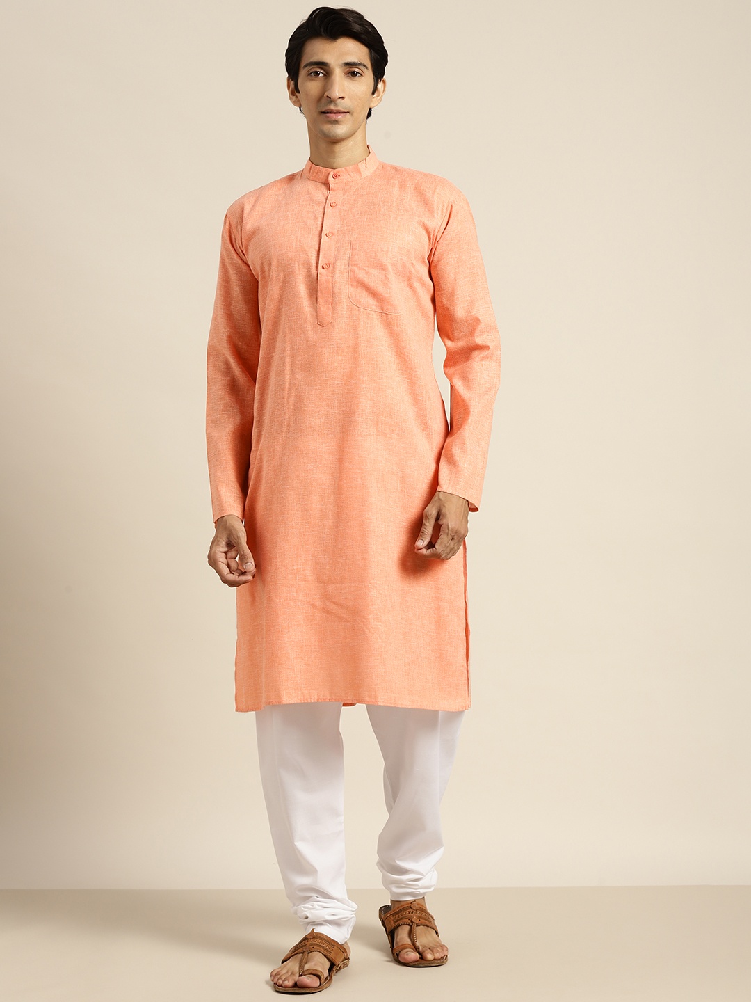 

SOJANYA Men Peach-Coloured & White Regular Kurta with Churidar