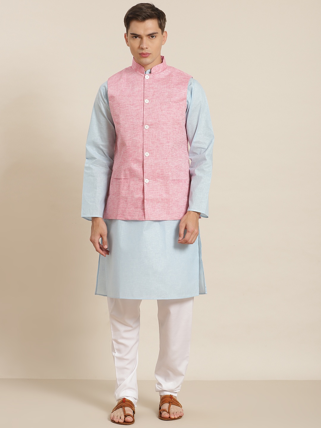 

SOJANYA Men Blue Solid Regular Kurta with Churidar & Nehru Jacket