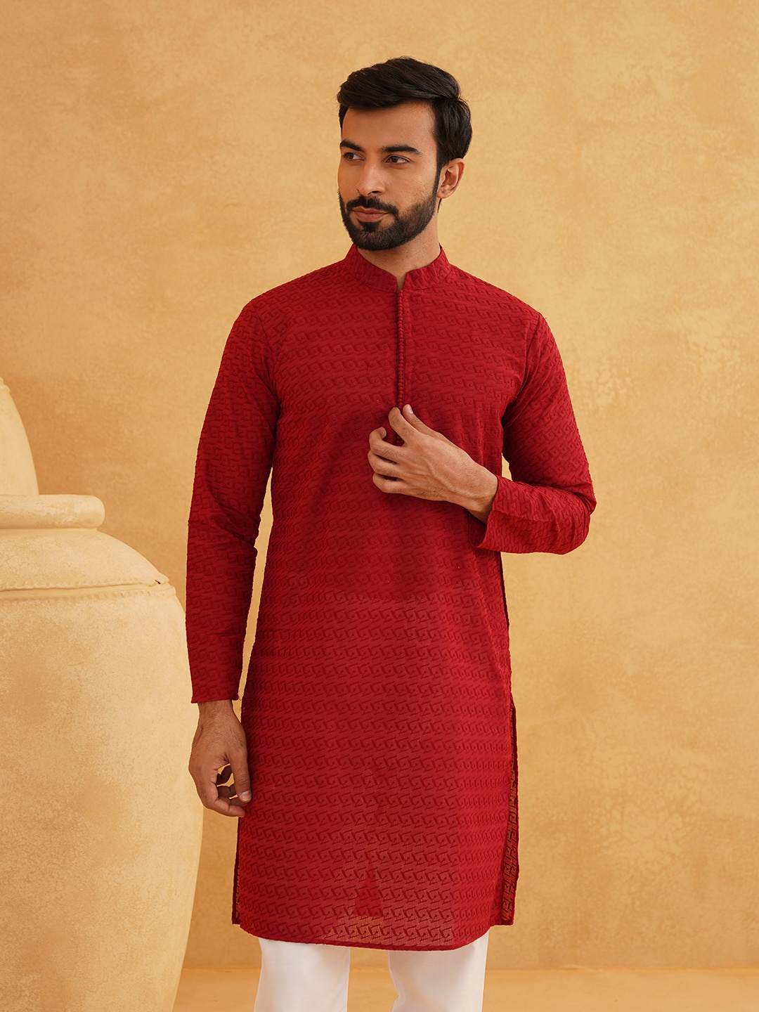 

SOJANYA Men Maroon Pure Cotton Embroidered Kurta