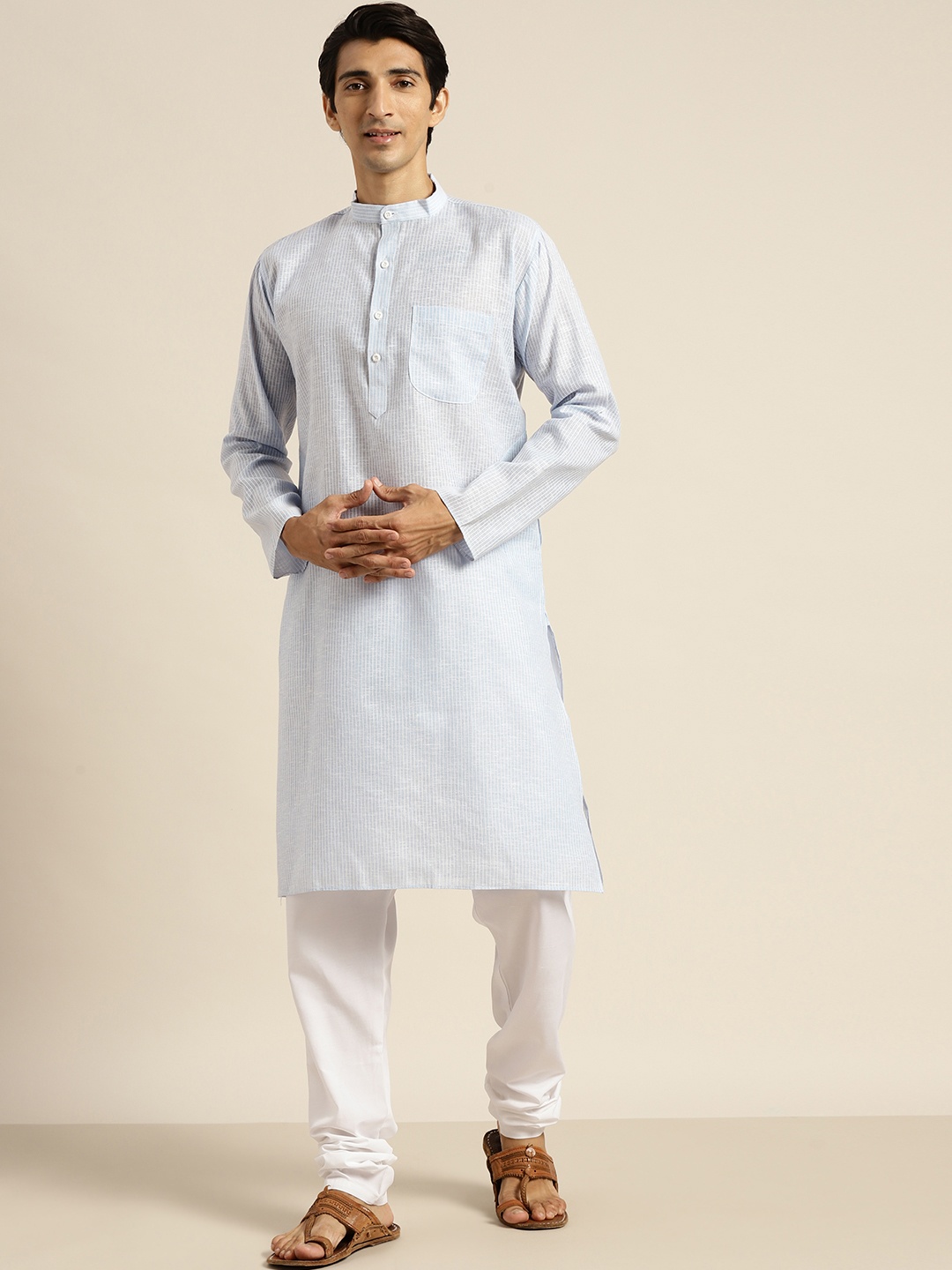 

SOJANYA Men Blue & White Pure Cotton Striped Kurta