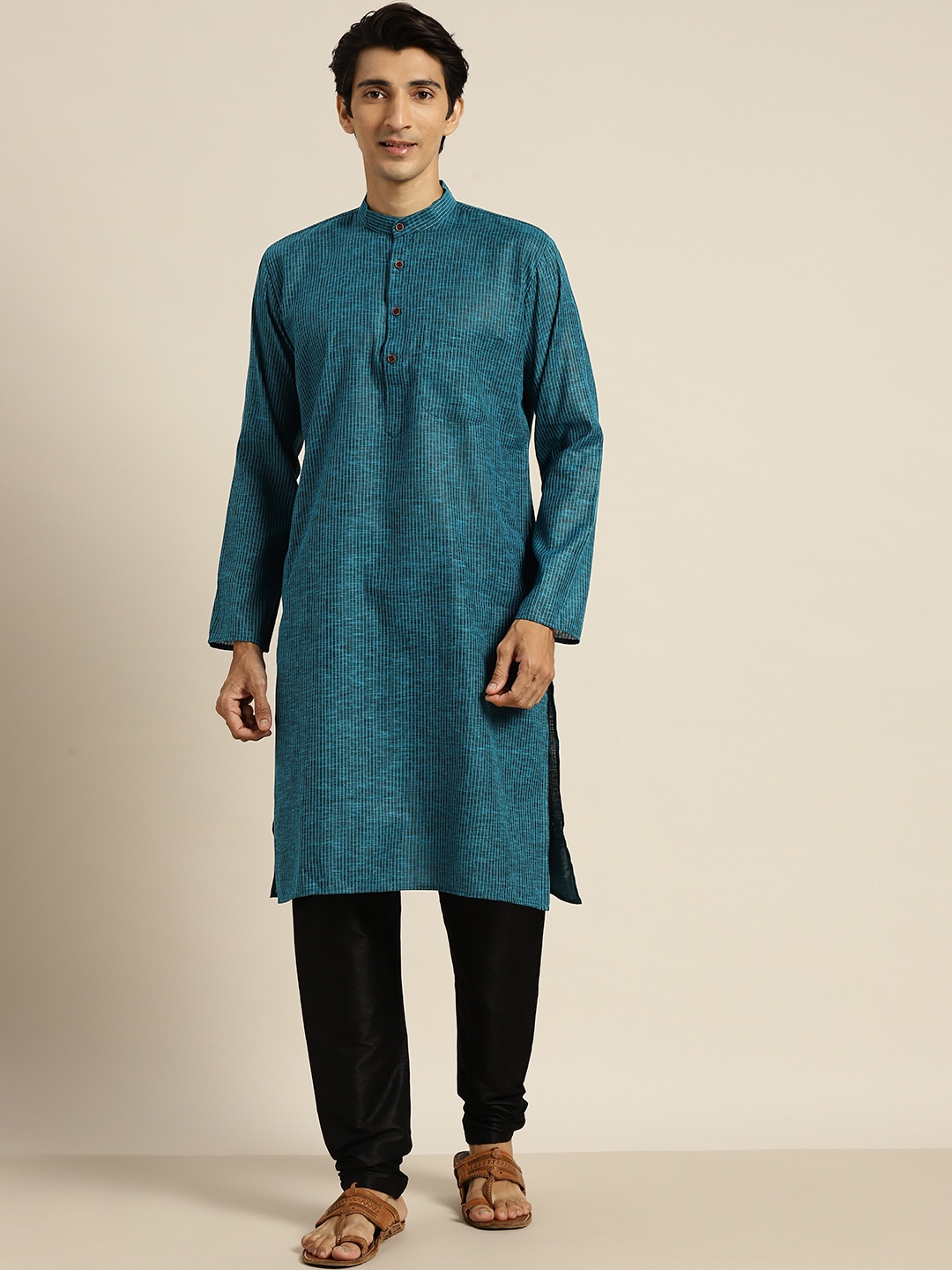 

SOJANYA Men Teal Blue Pure Cotton Striped Kurta