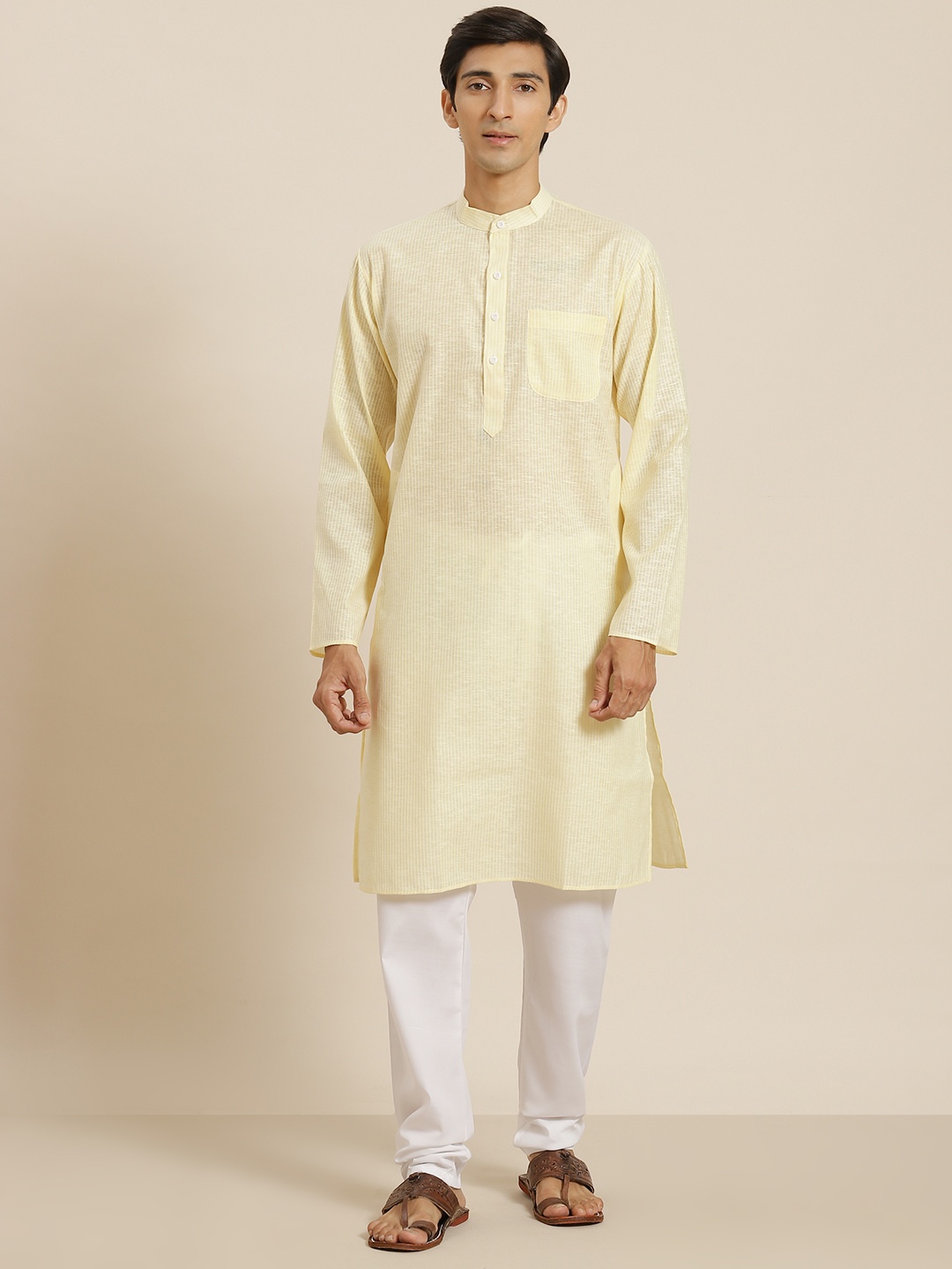 

SOJANYA Men Yellow & White Striped Regular Pure Cotton Kurta with Churidar