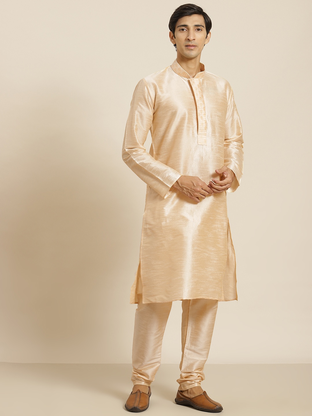 

SOJANYA Men Beige Woven Design Thread Work Detail Straight Kurta with Churidar