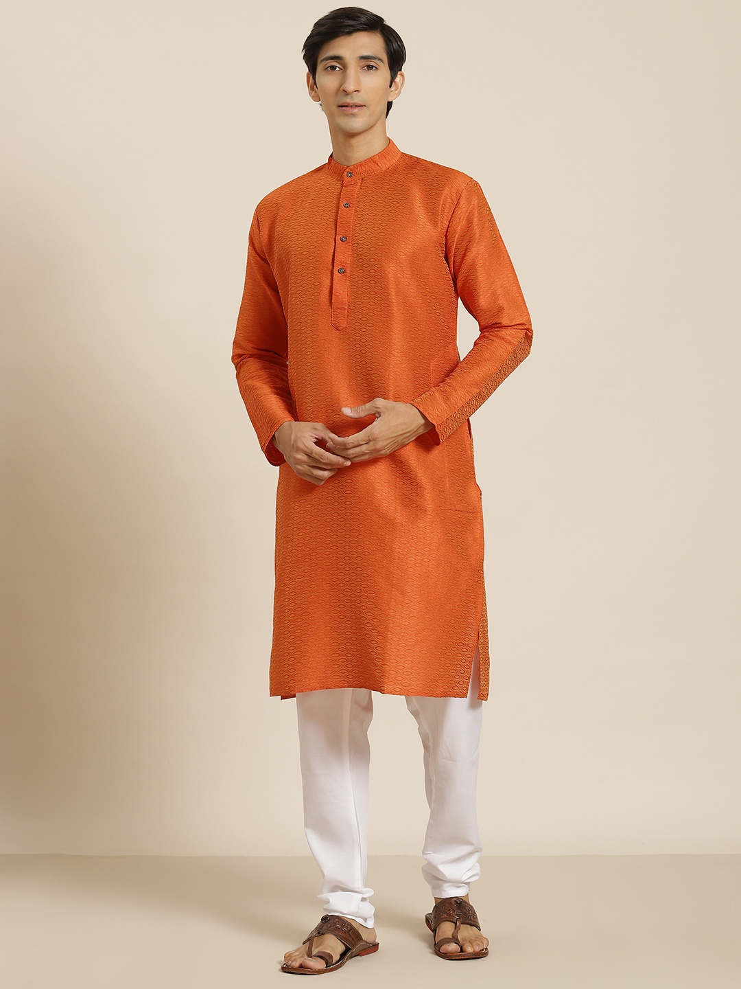 

SOJANYA Men Orange & White Regular Kurta with Churidar