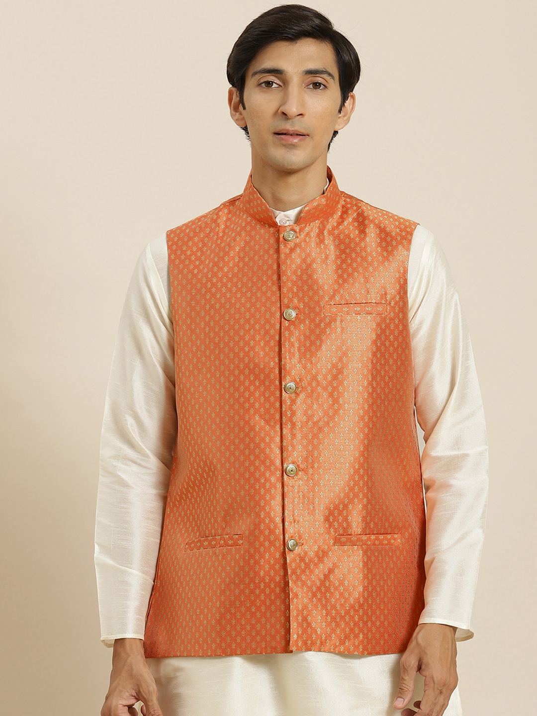 

SOJANYA Men Orange & Golden Self Design Nehru Jacket