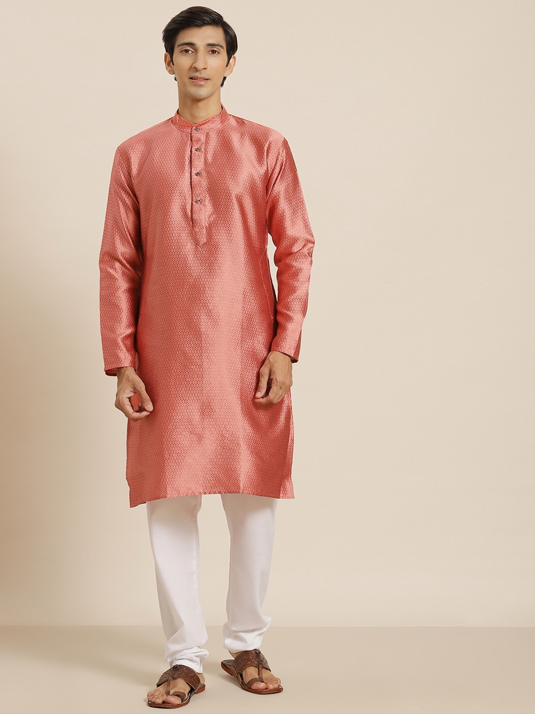 

SOJANYA Men Peach-Coloured Regular Kurta with Churidar