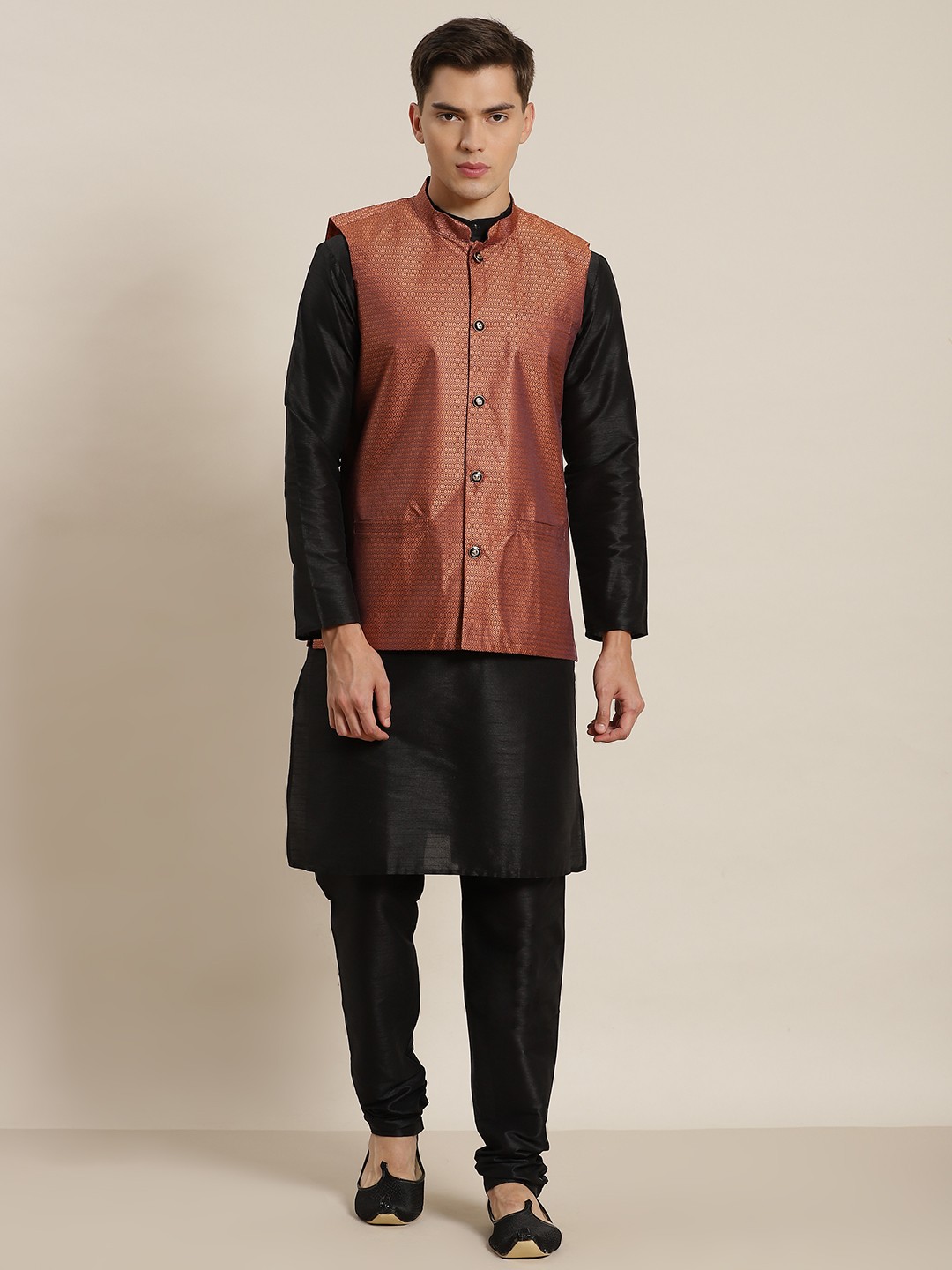 

SOJANYA Men Rust Orange & Golden Jacquard Silk Woven Design Nehru Jacket