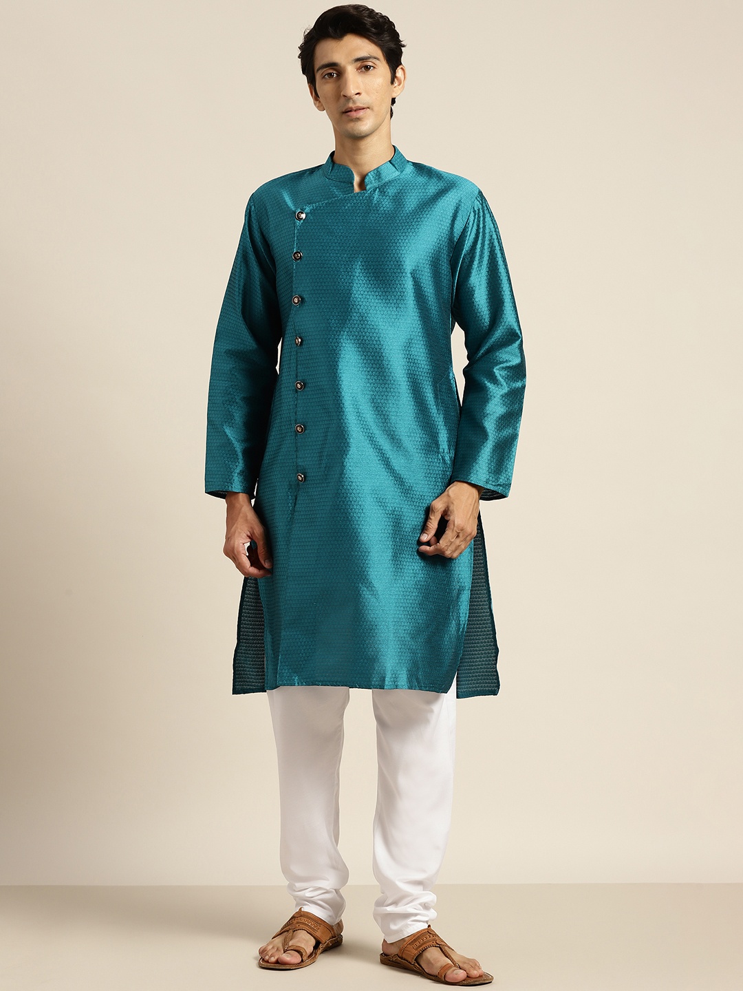 

SOJANYA Men Teal Blue & White Ethnic Motifs Angrakha Kurta with Churidar