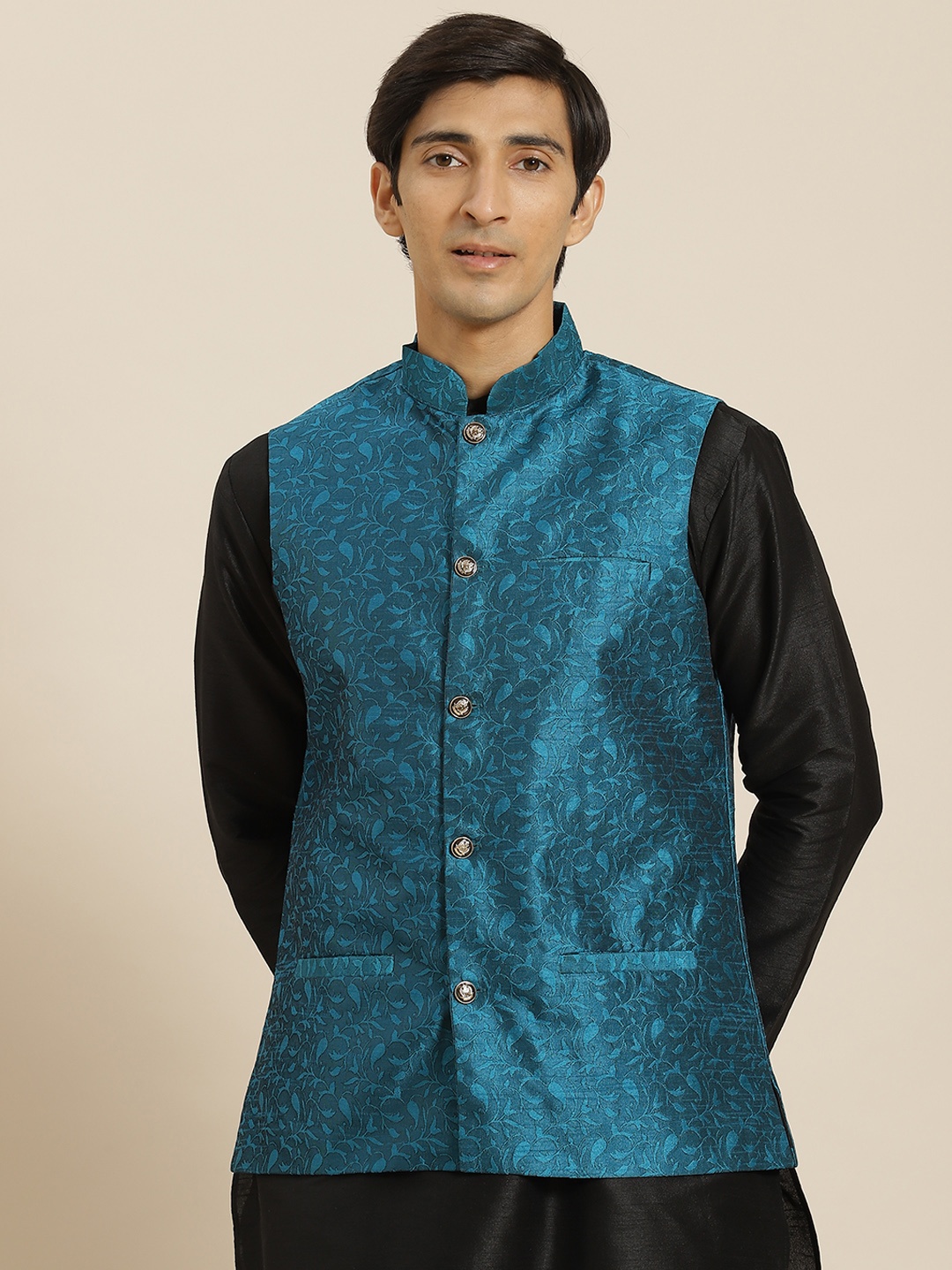 

SOJANYA Men Blue Self Design Nehru Jacket