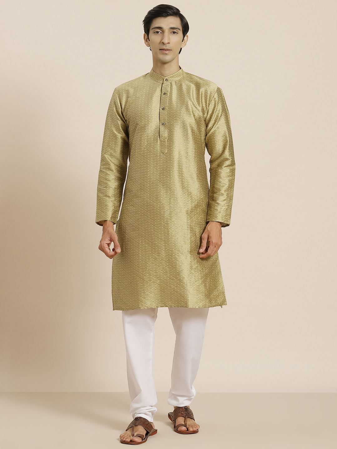

SOJANYA Men Golden & White Self Design Straight Kurta with Churidar, Gold