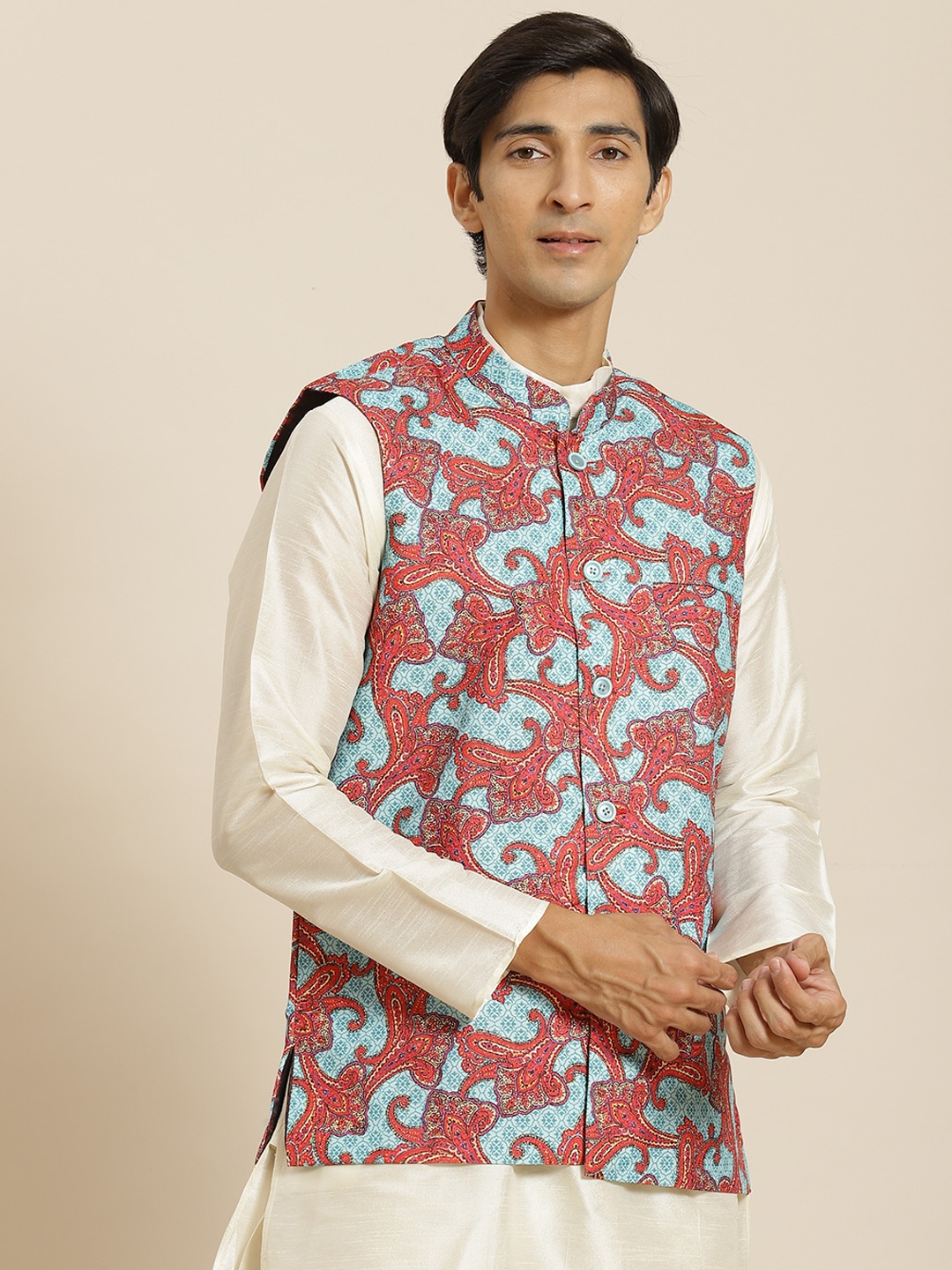 

SOJANYA Men Blue & Red Ethnic Motifs Printed Pure Cotton Nehru Jacket