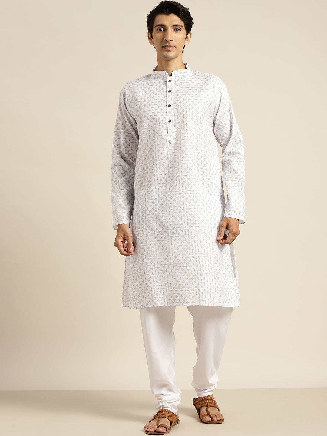 

SOJANYA Men White Cotton Linen Printed Kurta with Churidar