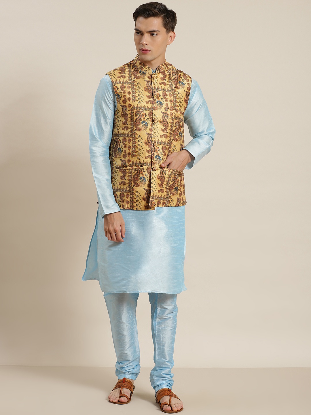 

SOJANYA Men Blue & Golden Solid Kurta with Churidar & Printed Nehru Jacket