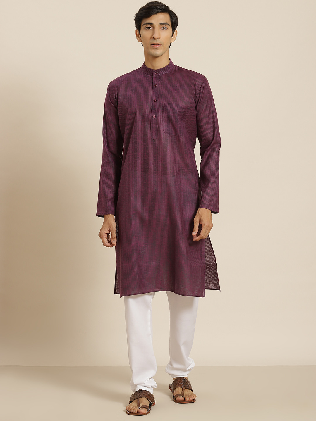 

SOJANYA Men Purple & White Self-Striped Pure Cotton Kurta with Pyjamas