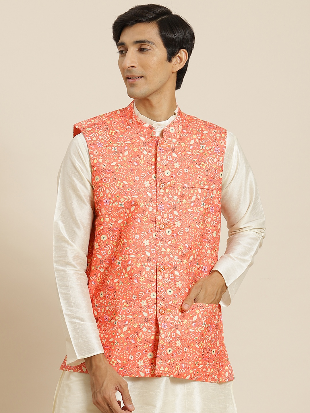 

Sojanya Men Peach-Coloured & White Ethnic Motifs Print Pure Cotton Nehru Jacket