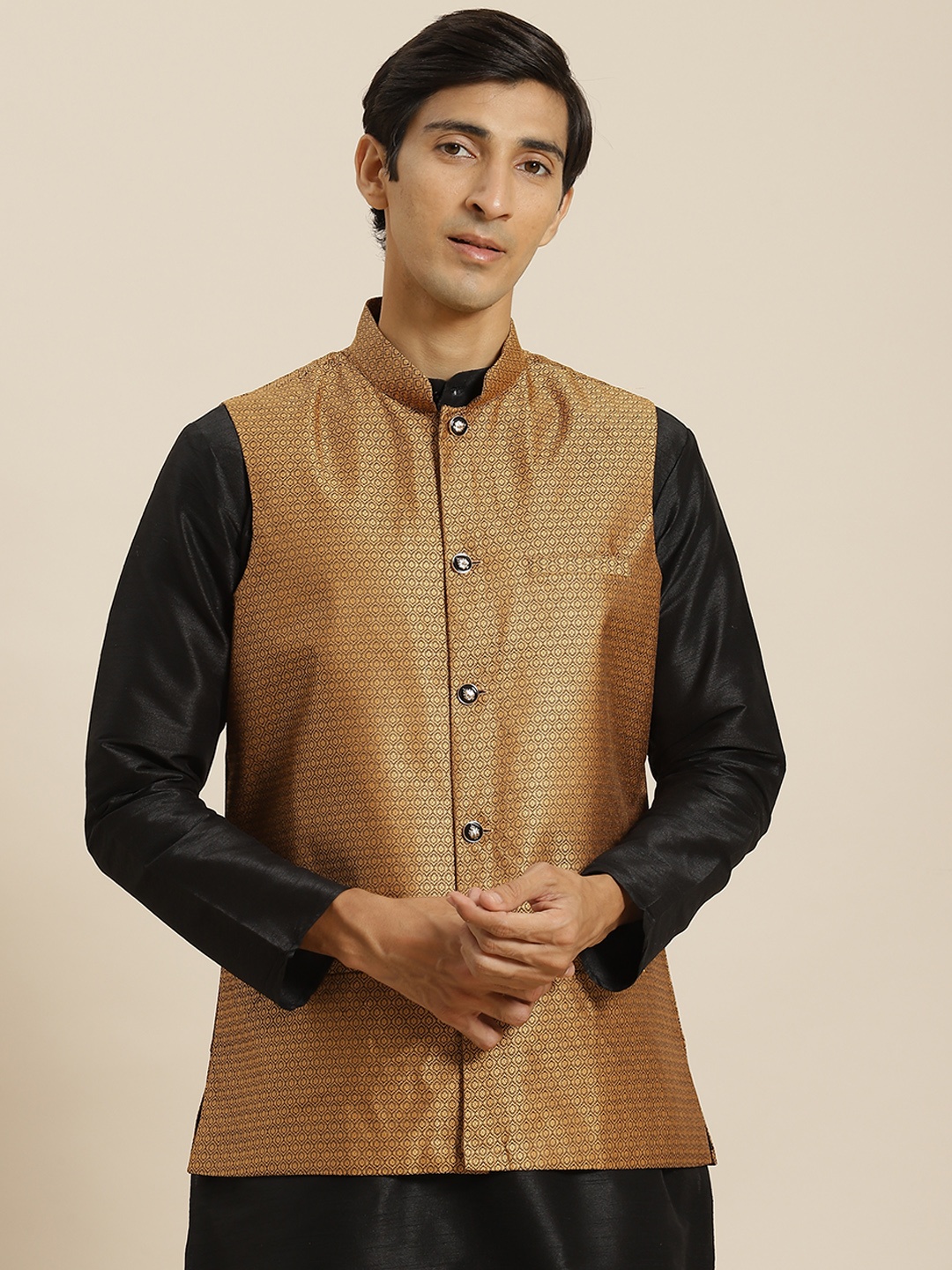 

Sojanya Men Brown & Black Woven Design Nehru Jacket