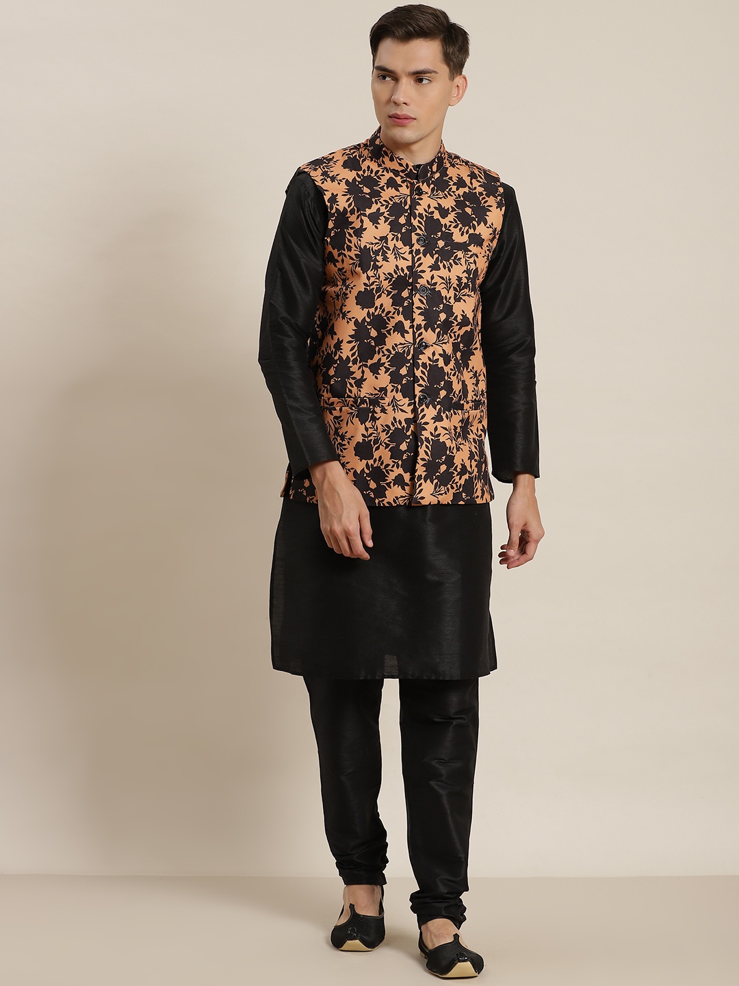 

SOJANYA Men Pure Cotton Peach & Black Printed Nehru Jacket
