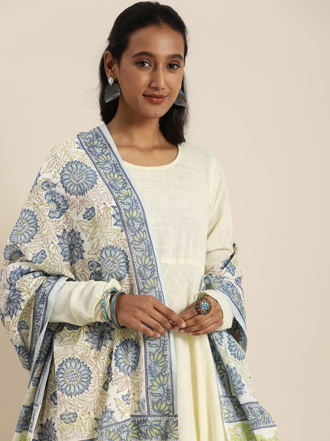 

Taavi Blue & Off White Block Print Legacy Pure Cotton Dupatta