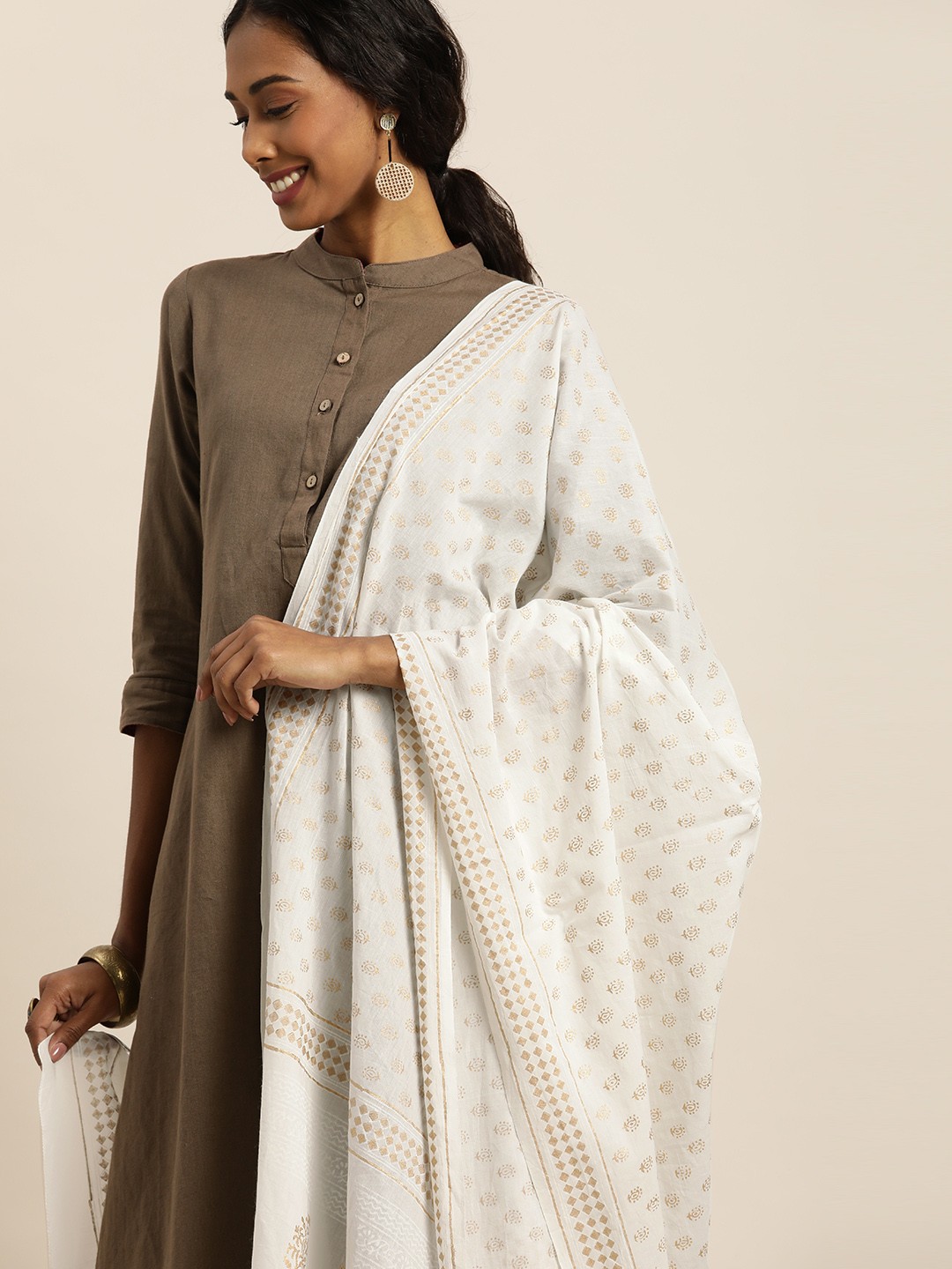 

Taavi White & Beige Block Print Legacy Pure Cotton Sustainable Dupatta
