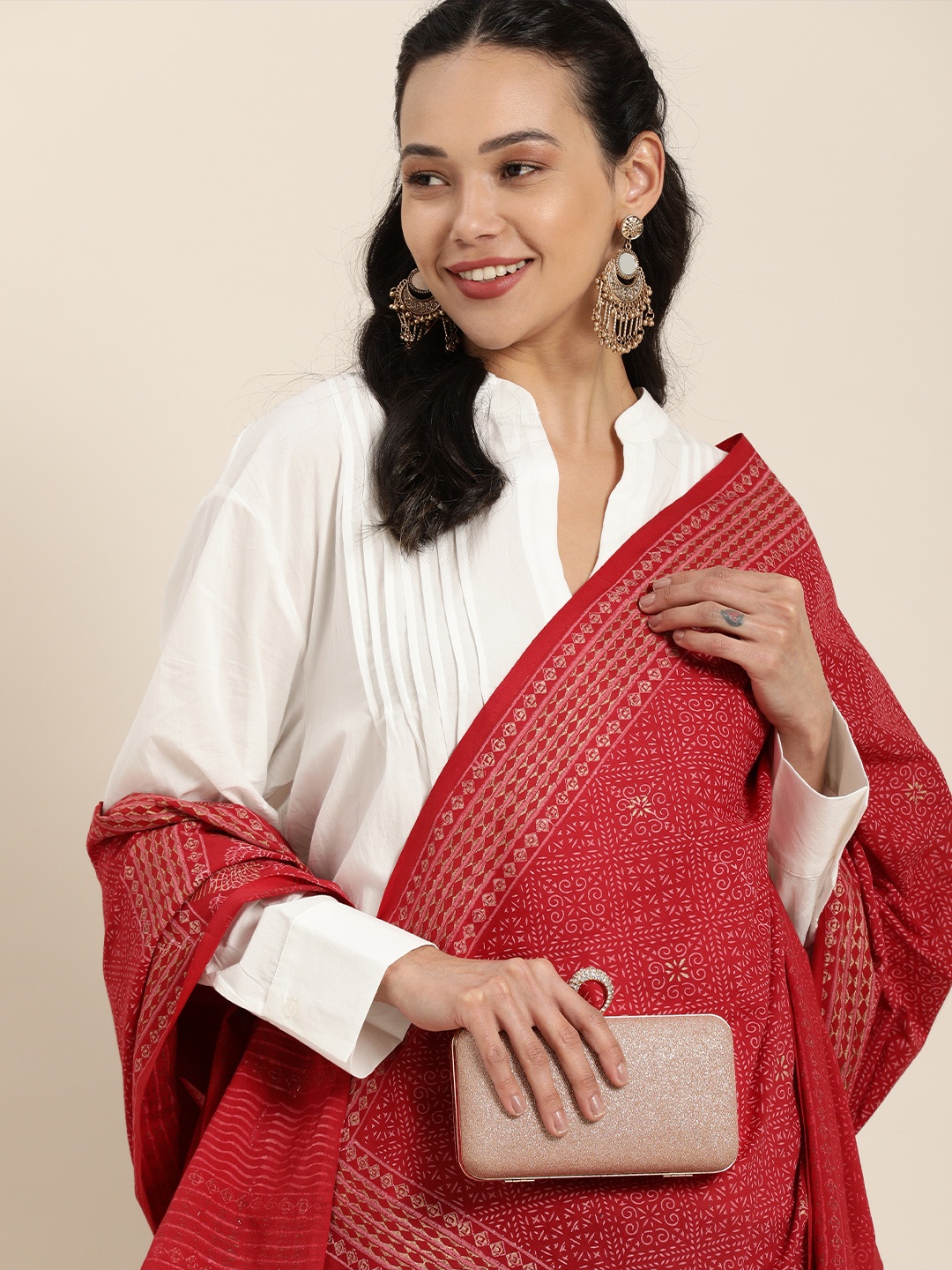 

Taavi Women Pink & White Block Print Legacy Dupatta