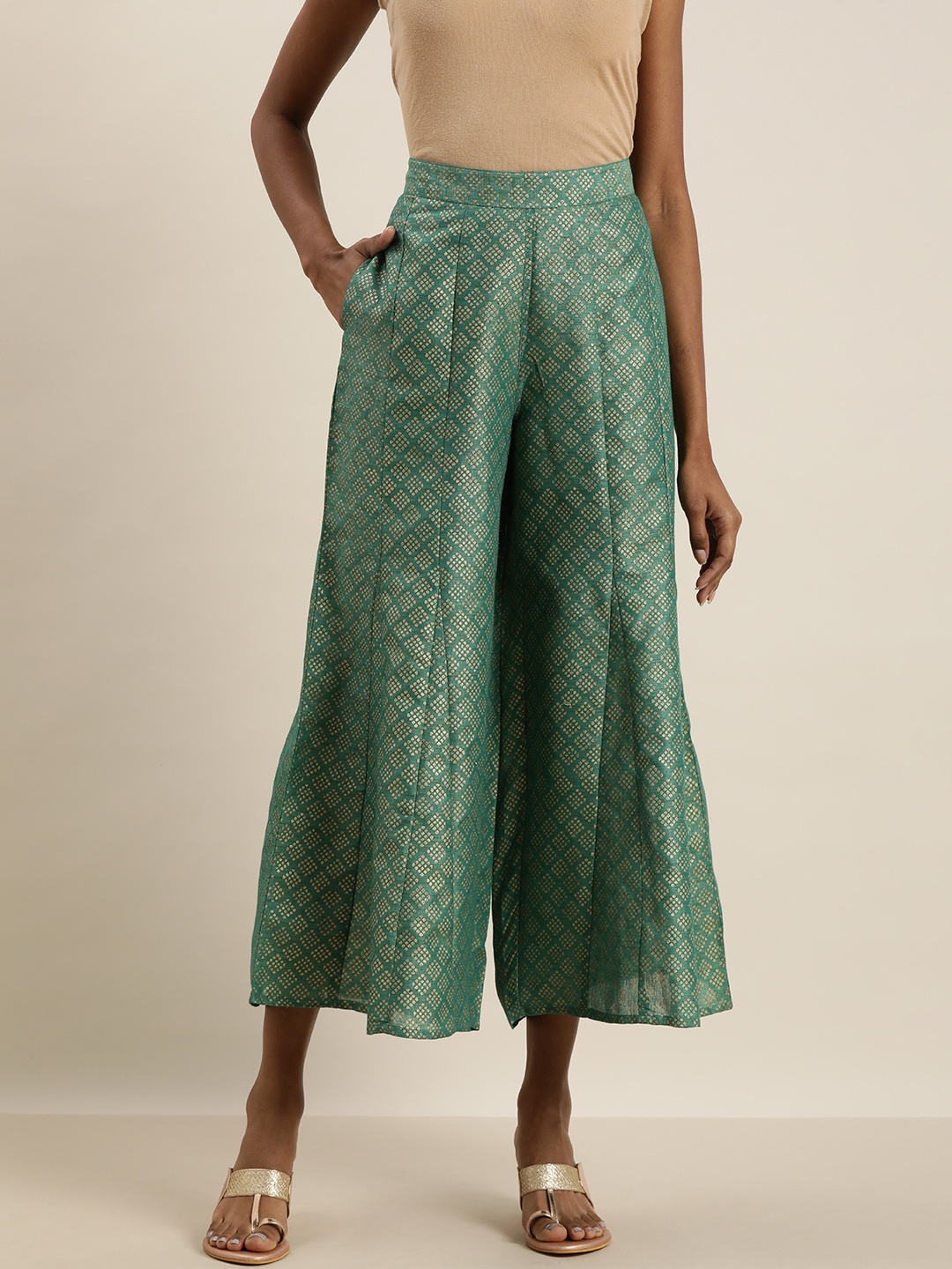 

Taavi Women Sea Green Self-Designed Flared Cropped Ethnic Palazzos