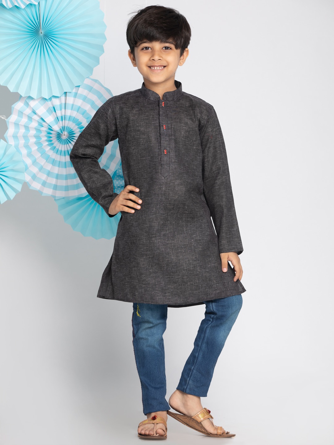 

VASTRAMAY Boys Charcoal Grey Denim Kurta