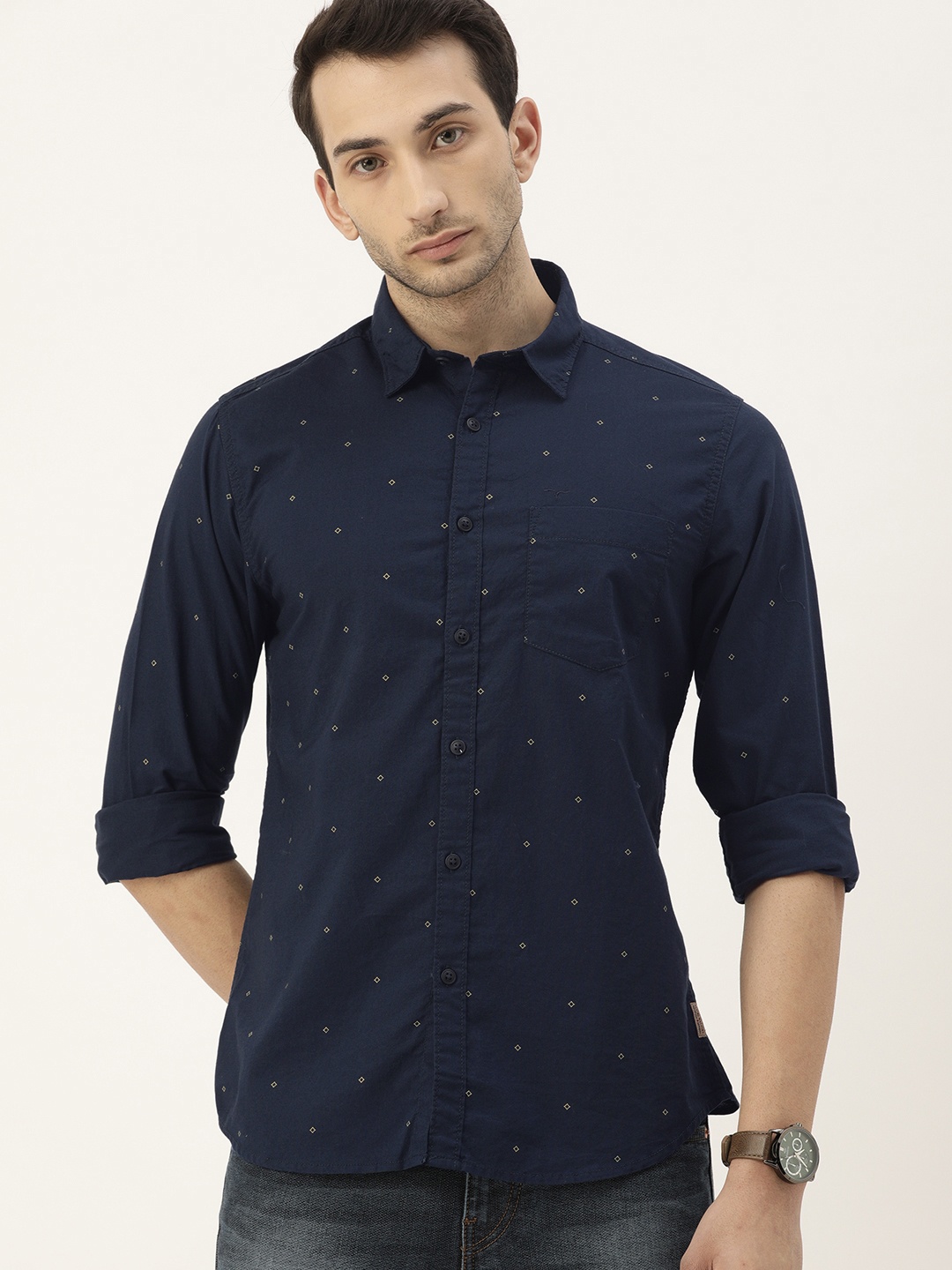 

Flying Machine Men Navy Blue & Yellow Slim Fit Opaque Printed Casual Shirt