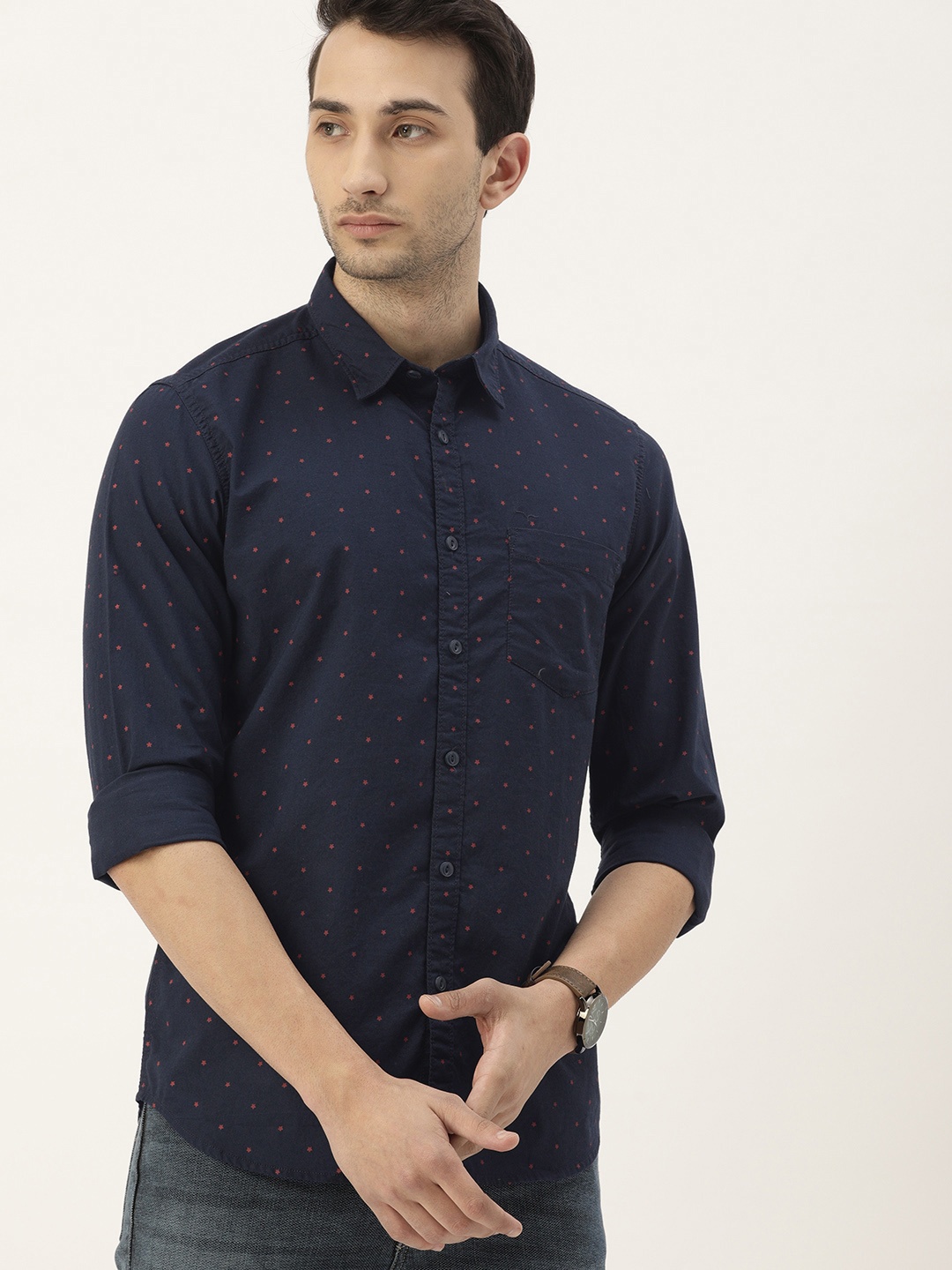 

Flying Machine Men Navy Blue & Pink Slim Fit Opaque Printed Casual Shirt