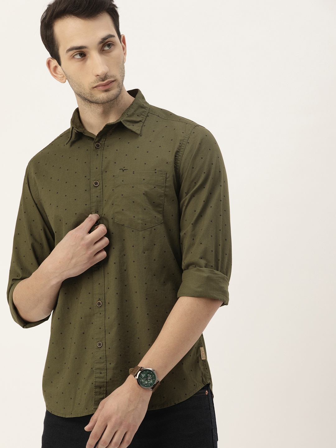 

Flying Machine Men Olive Green & Black Slim Fit Opaque Printed Casual Shirt
