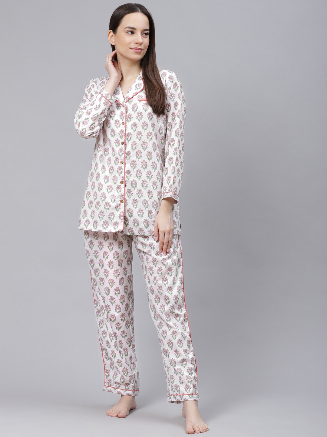 

Divena Women White & Pink Printed Pure Cotton Pyjamas Set
