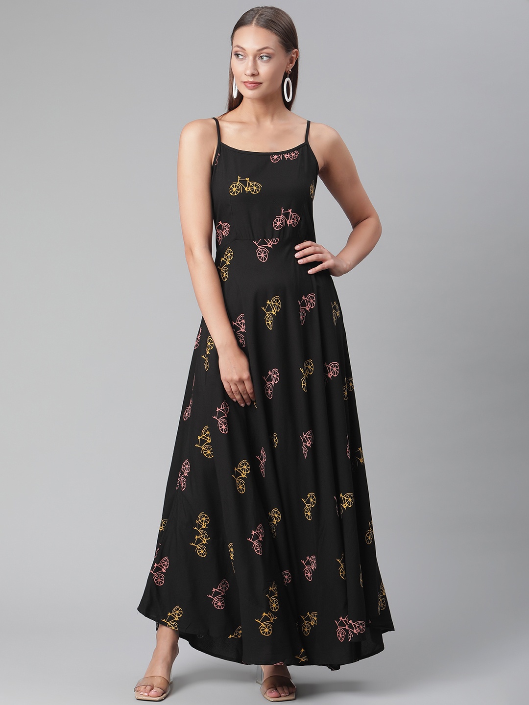 

Divena Black Floral Shoulder Strap Maxi Dress