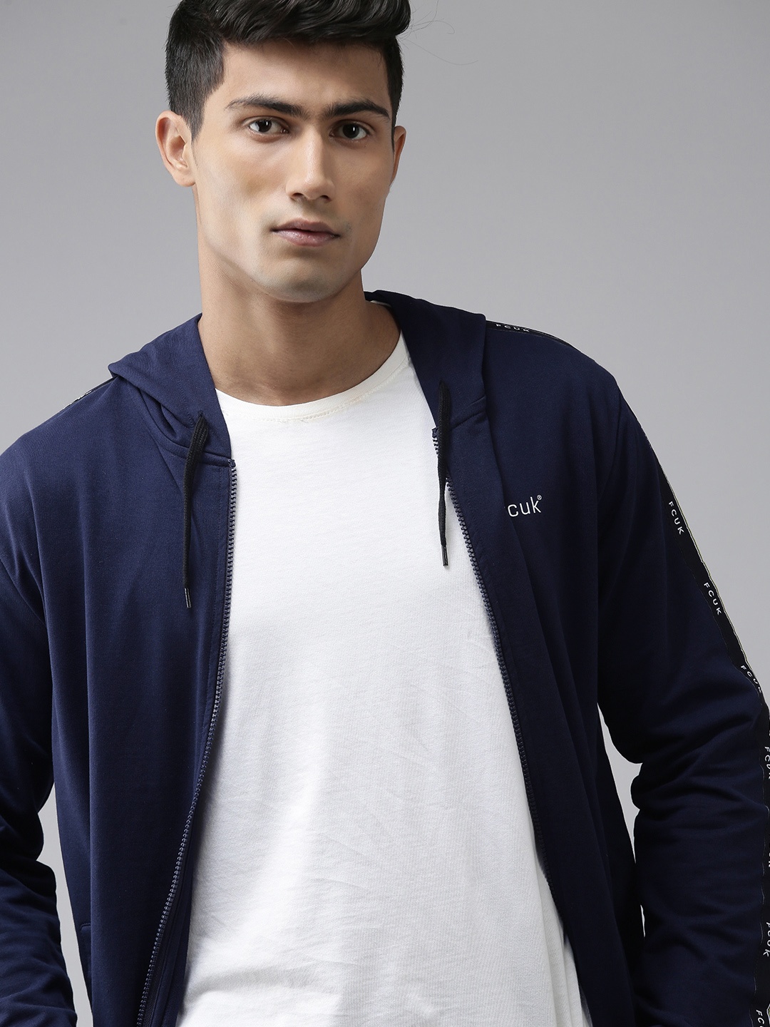 

French Connection Men Navy Blue Logo Printed Front-Open Hooded Cotton Sweatshirt