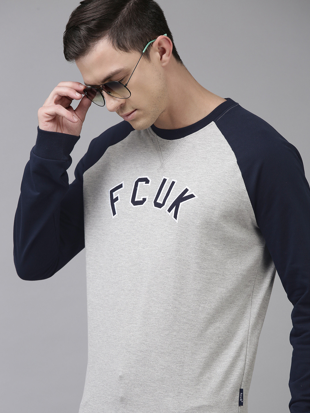 

French Connection Men Grey Melange & Navy Blue Colourblocked Sweatshirt