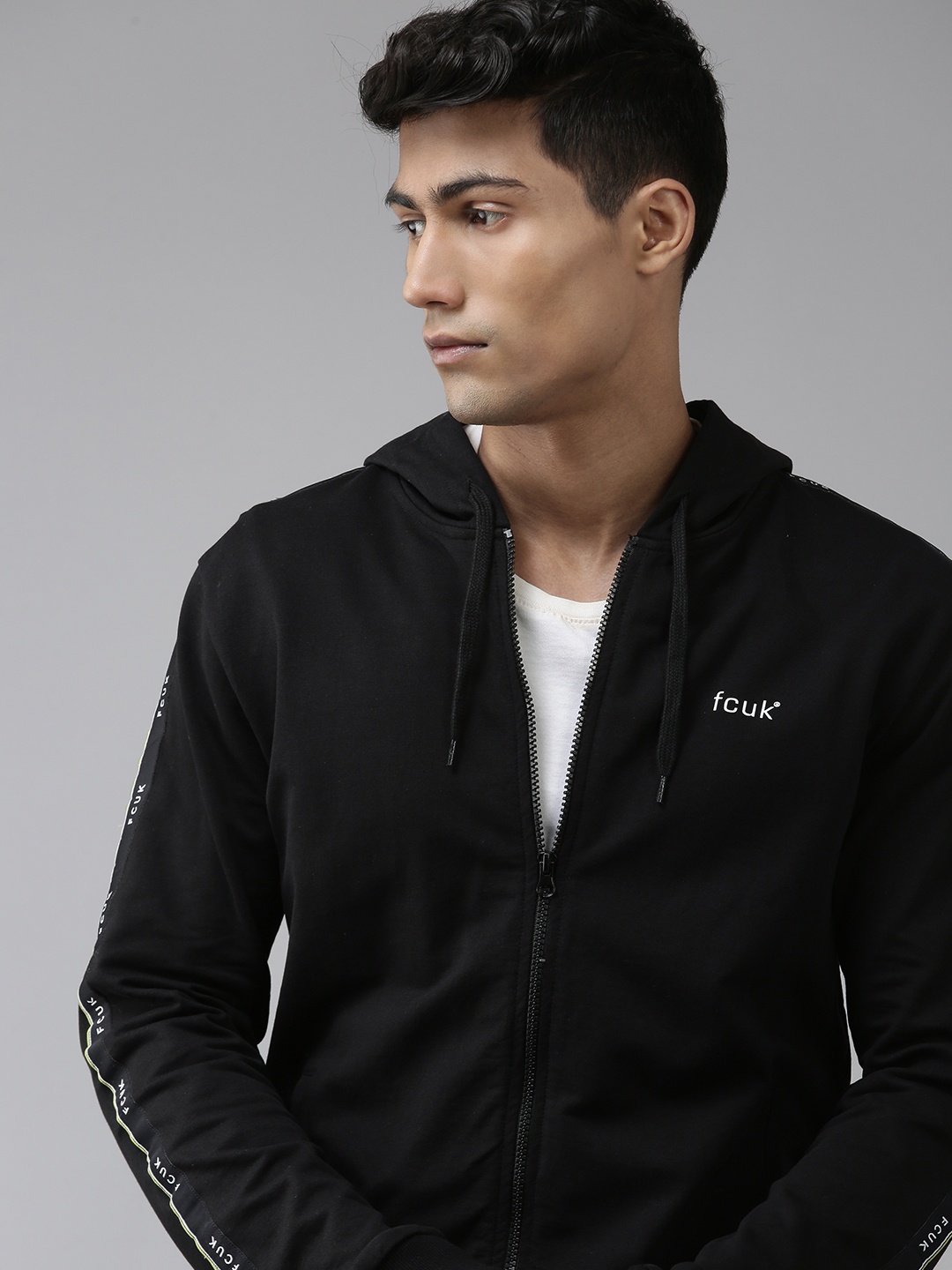 

French Connection Men Black Logo Printed Front-Open Hooded Cotton Sweatshirt