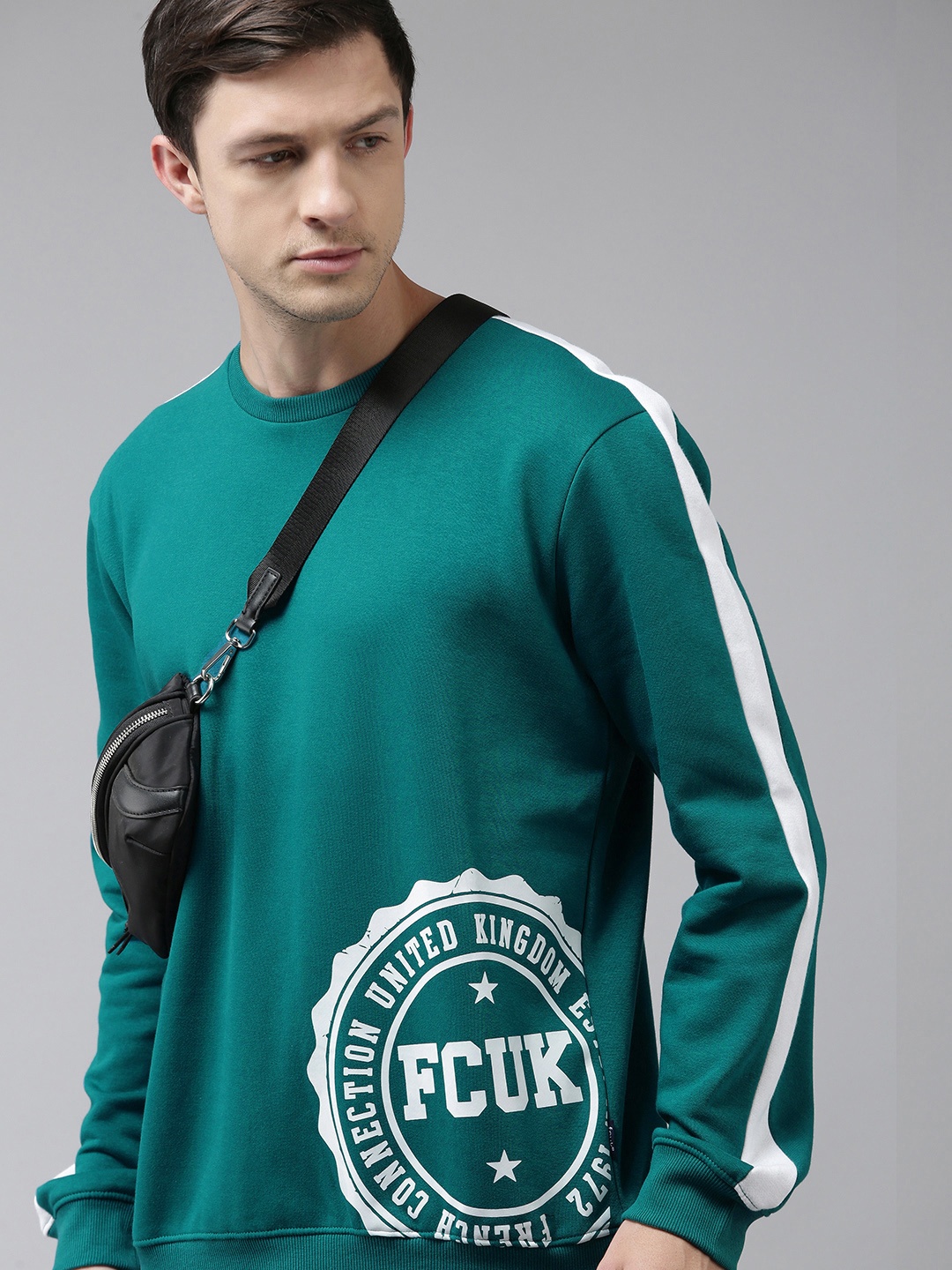 

French Connection Men Teal Green Printed Sweatshirt