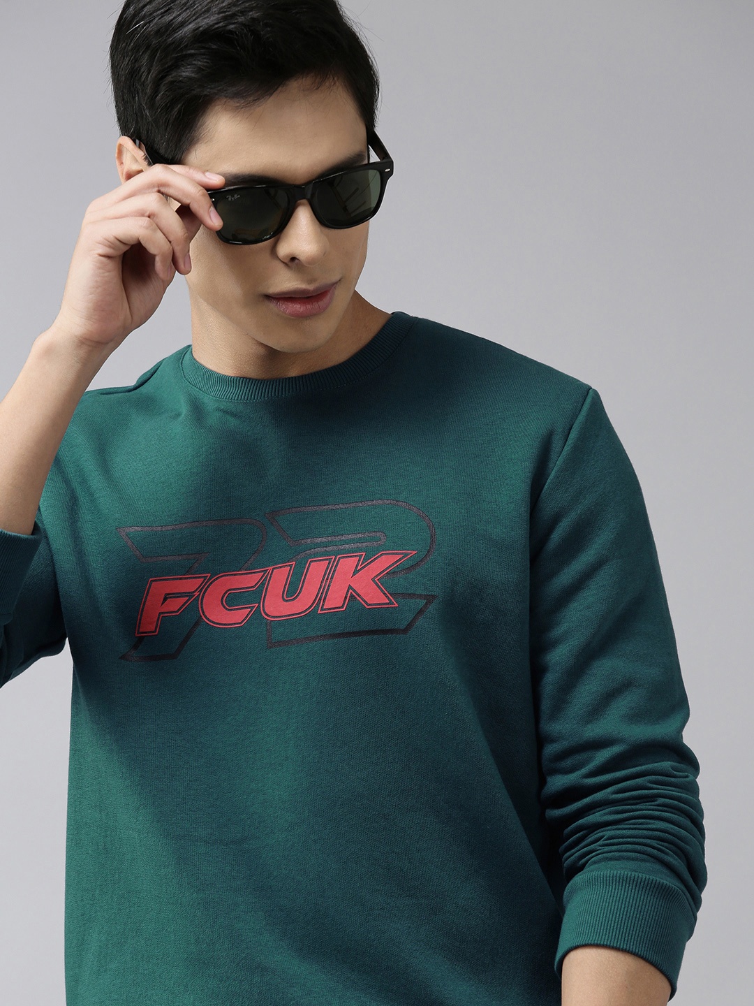 

French Connection Men Teal Green Logo Printed Sweatshirt