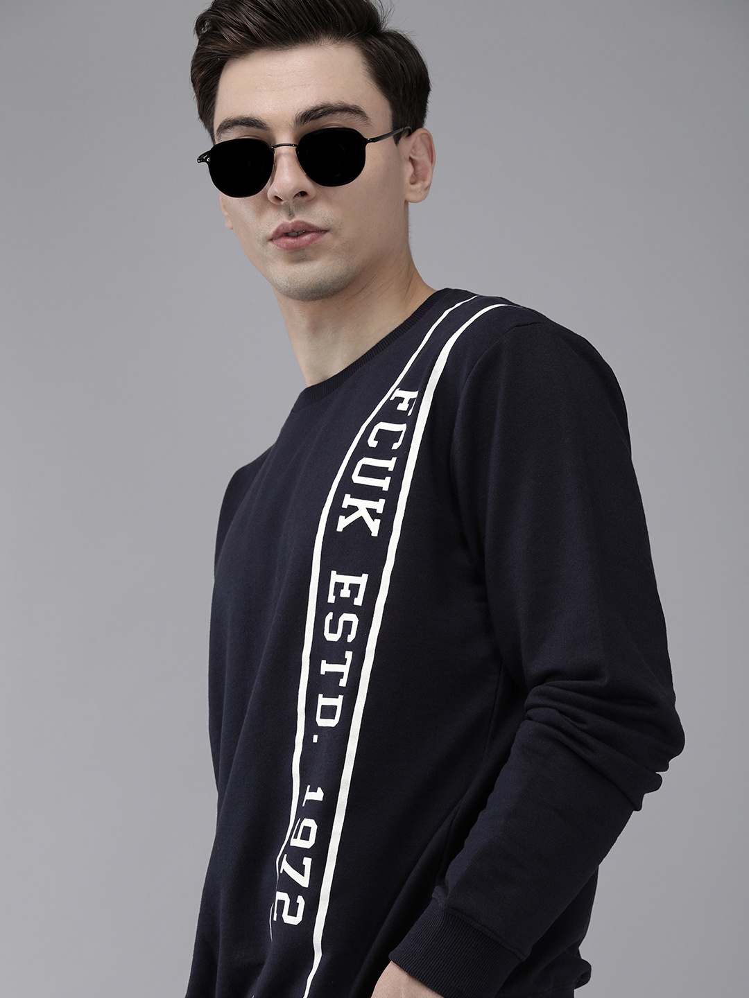 

French Connection Men Navy Blue Printed Sweatshirt