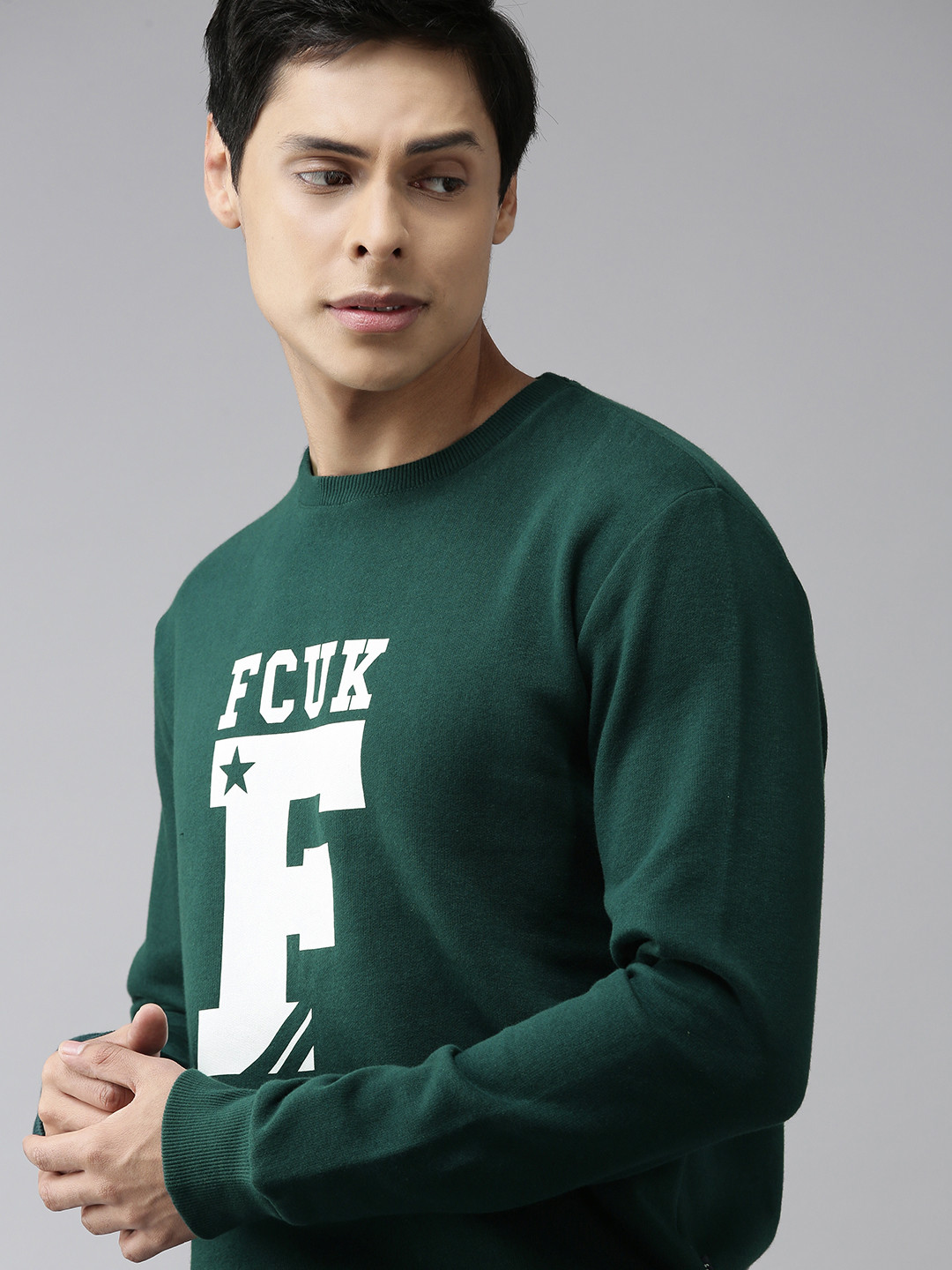 

French Connection Men Green & White Brand Logo Printed Sweatshirt