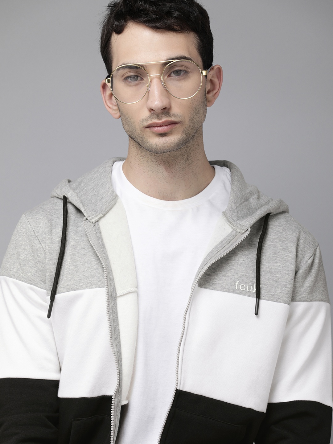 

French Connection Men Grey Melange & White Colourblocked Hooded Sweatshirt