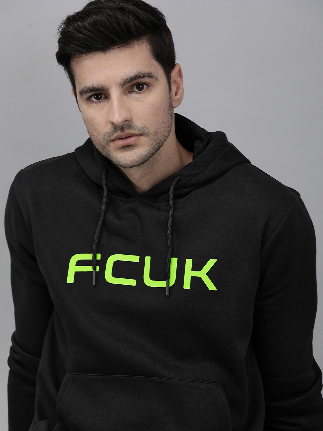 

French Connection Men Black Printed Hooded Sweatshirt