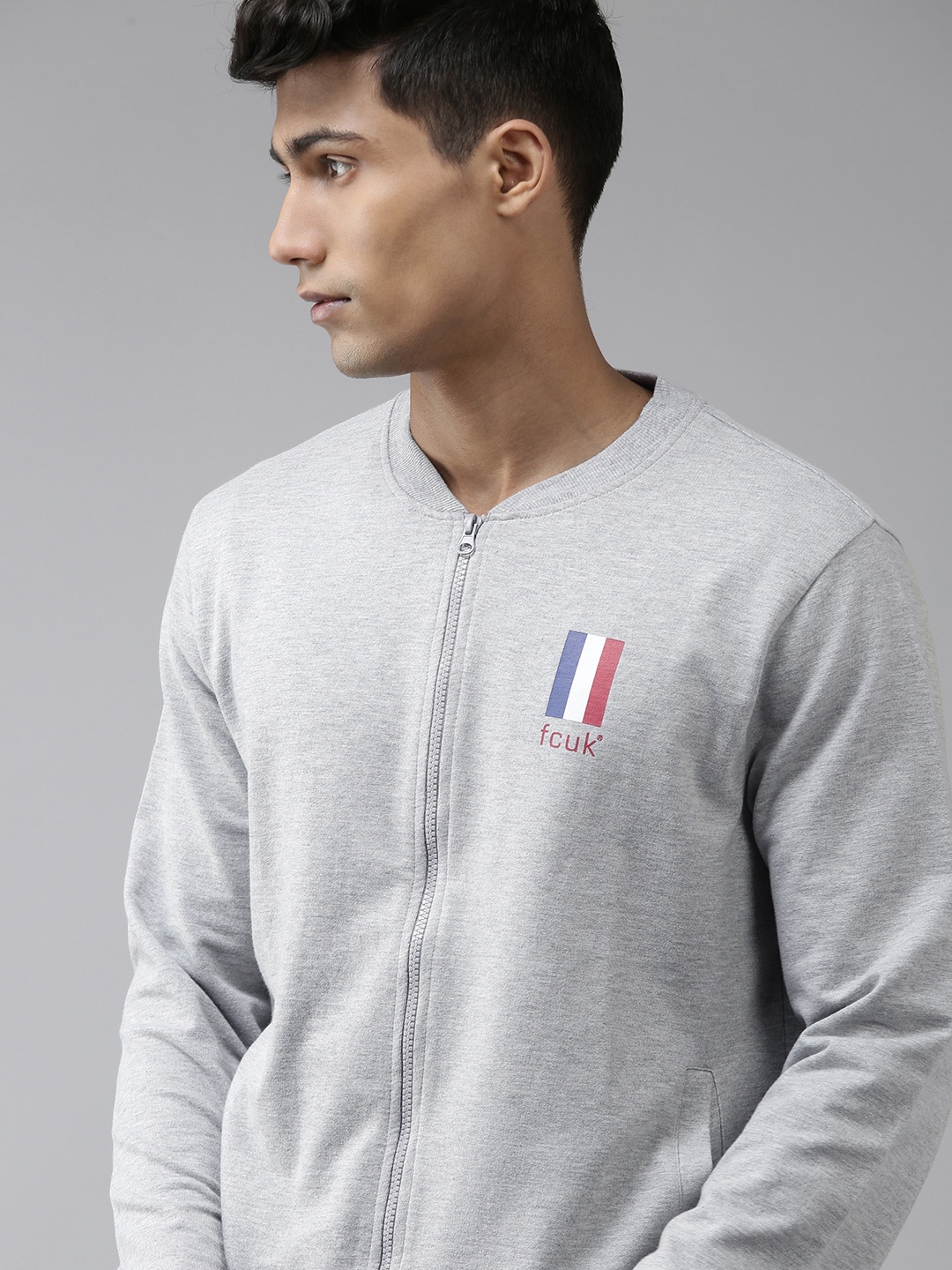 

French Connection Men Grey Melange Solid Front-Open Sweatshirt