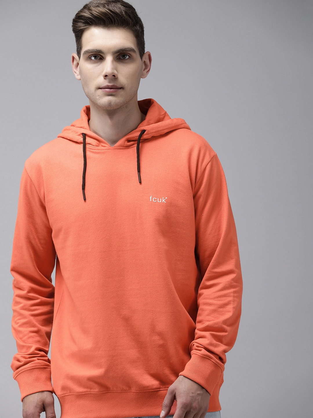 

French Connection Men Coral Orange Solid Hooded Sweatshirt